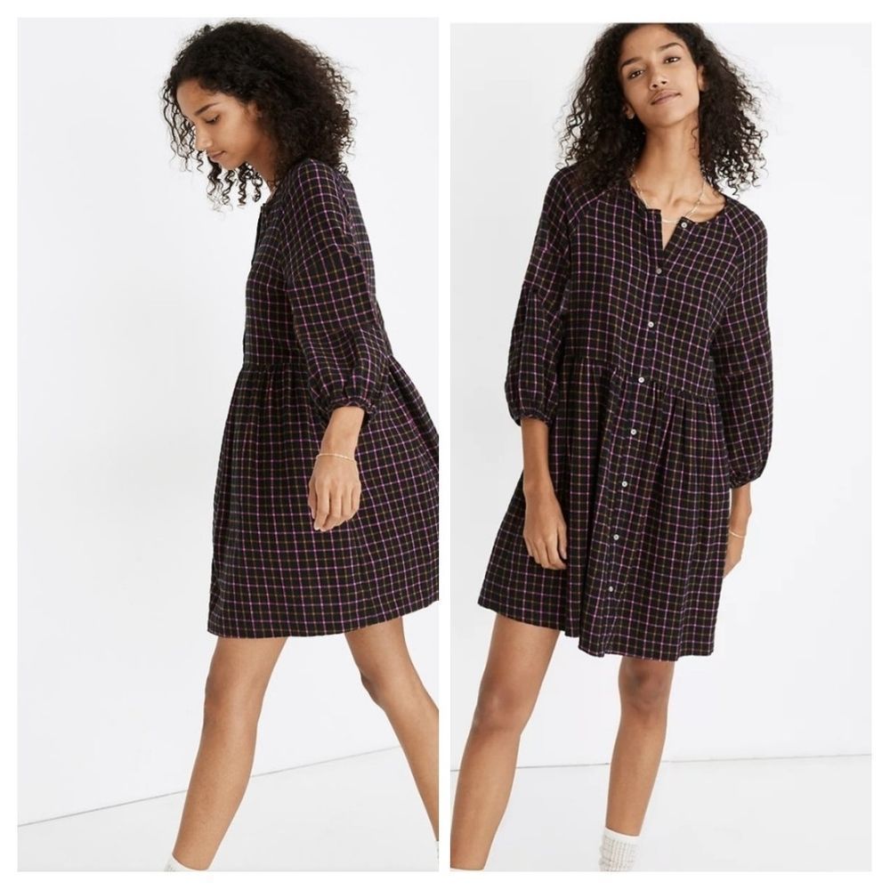 Madewell Women's 3/4 Raglan Sleeves Button Front Plaid Flannel Shirtdress Size 0